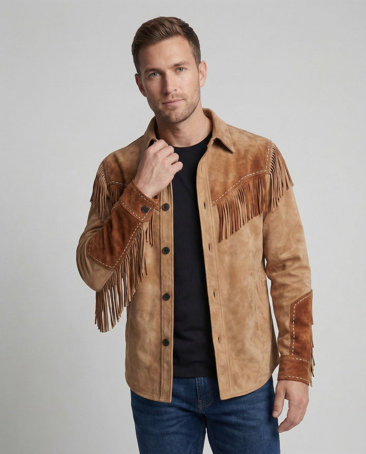 Long sleeve country style shirt for men, featuring bold fringe accents.