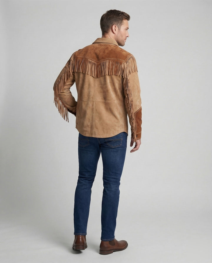 Festival wear: men's embroidered shirt with eye-catching fringe.