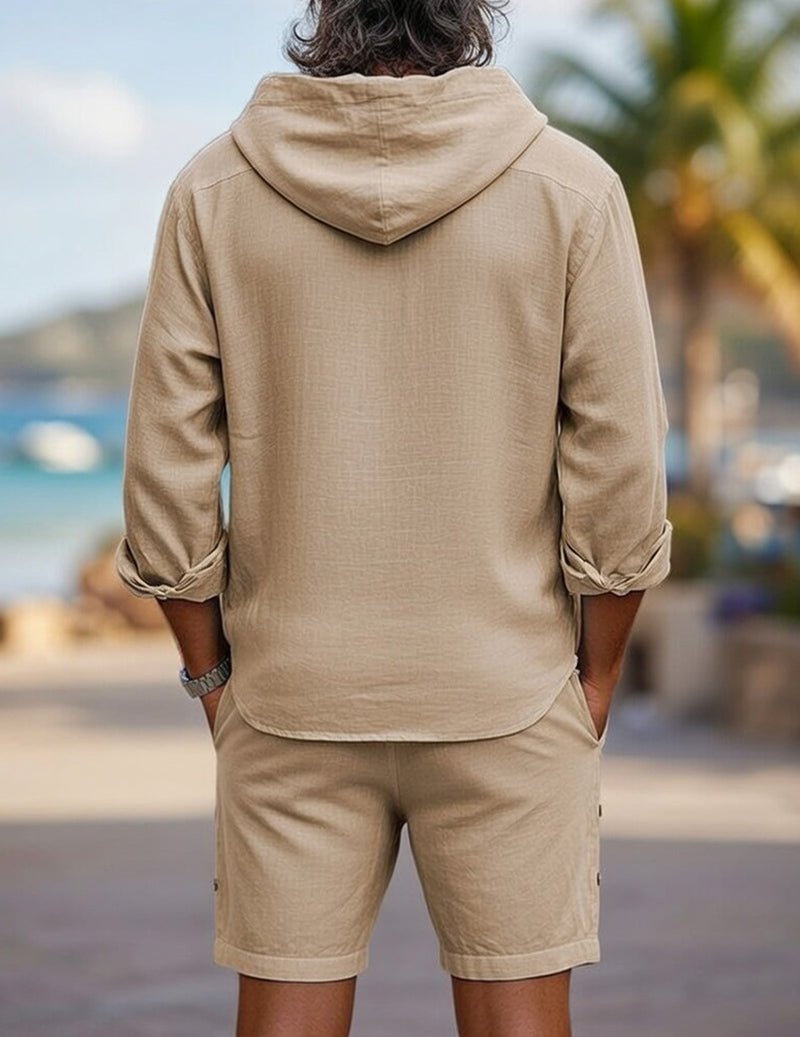 Relaxed fit men's linen two-piece set featuring a hooded shirt and comfortable shorts. Ideal casual summer wear.