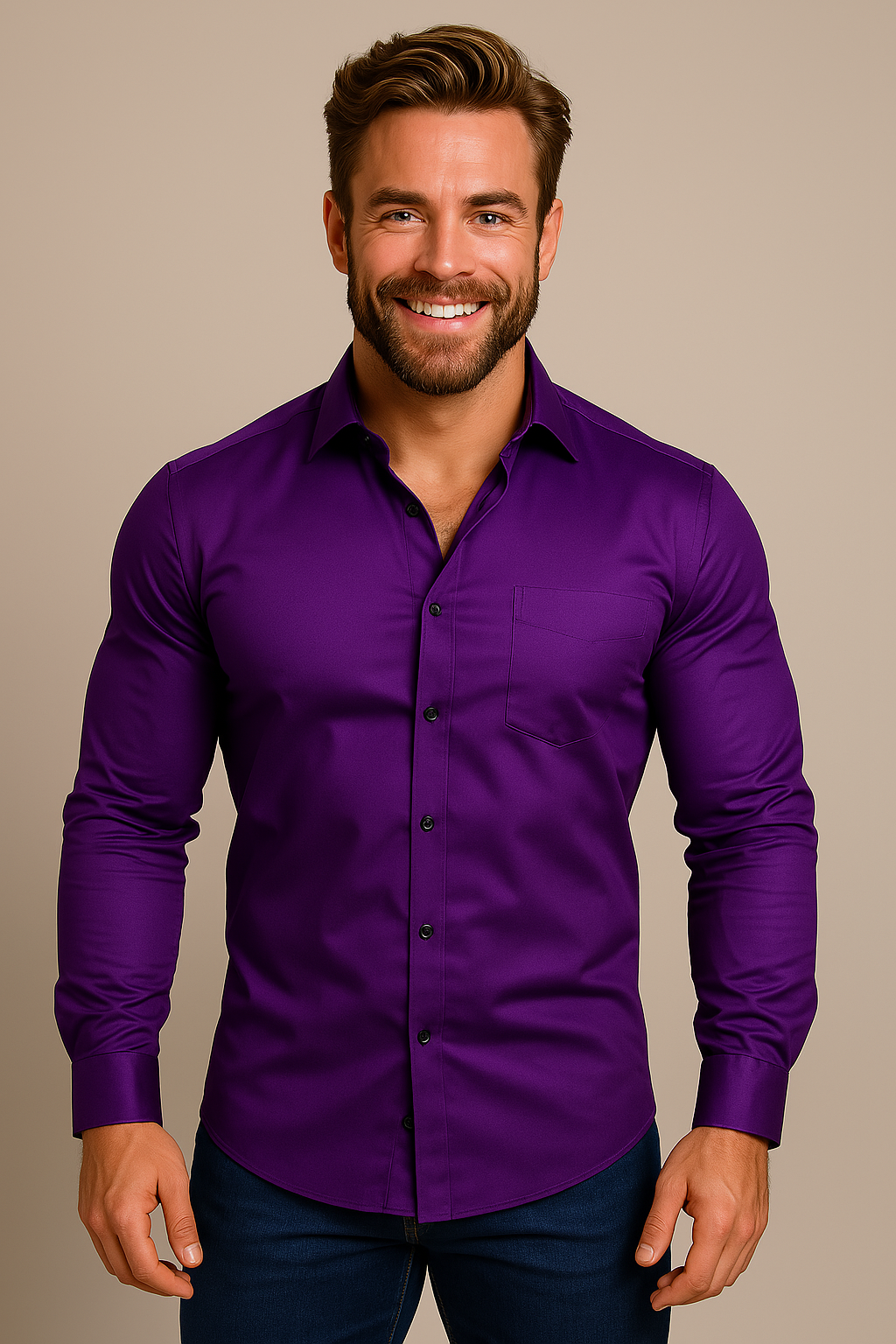 High-quality men's wrinkle-free long-sleeve dress shirt, structured fit, durable fabric.