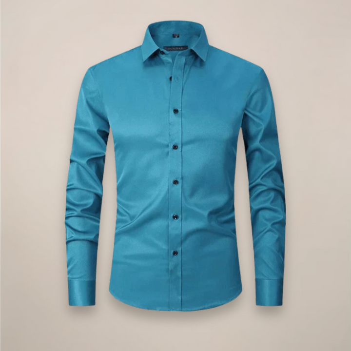 Classic white structured fit long-sleeve dress shirt, men's fashion, with wrinkle-free comfort.