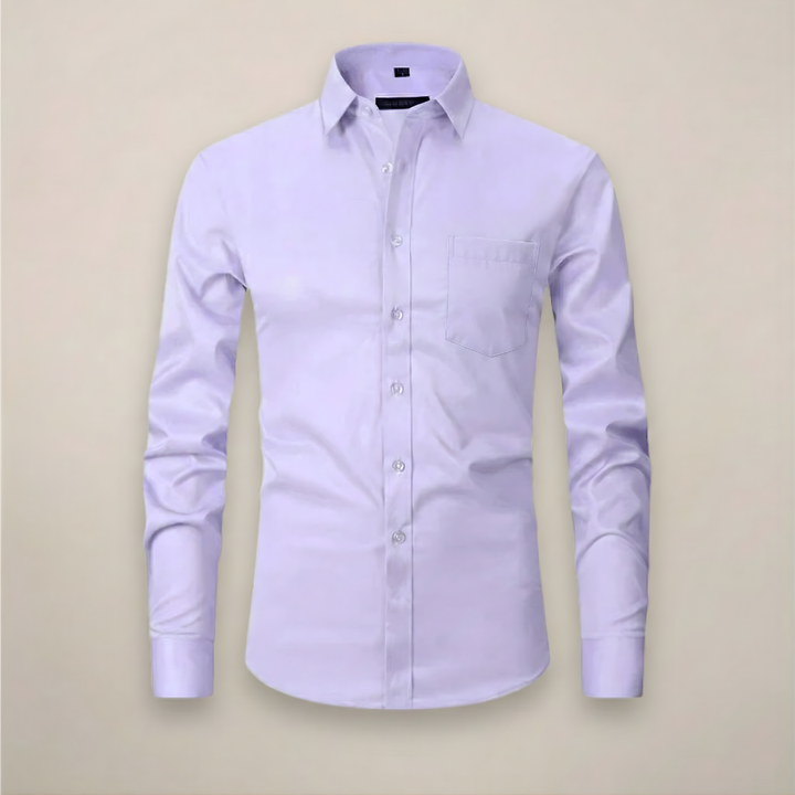 Black structured fit wrinkle-free men's long-sleeve dress shirt, ideal for formal evenings.