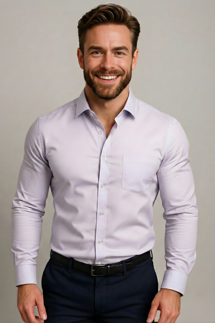 Stylish blue wrinkle-free long-sleeve structured fit dress shirt for men, office approved.
