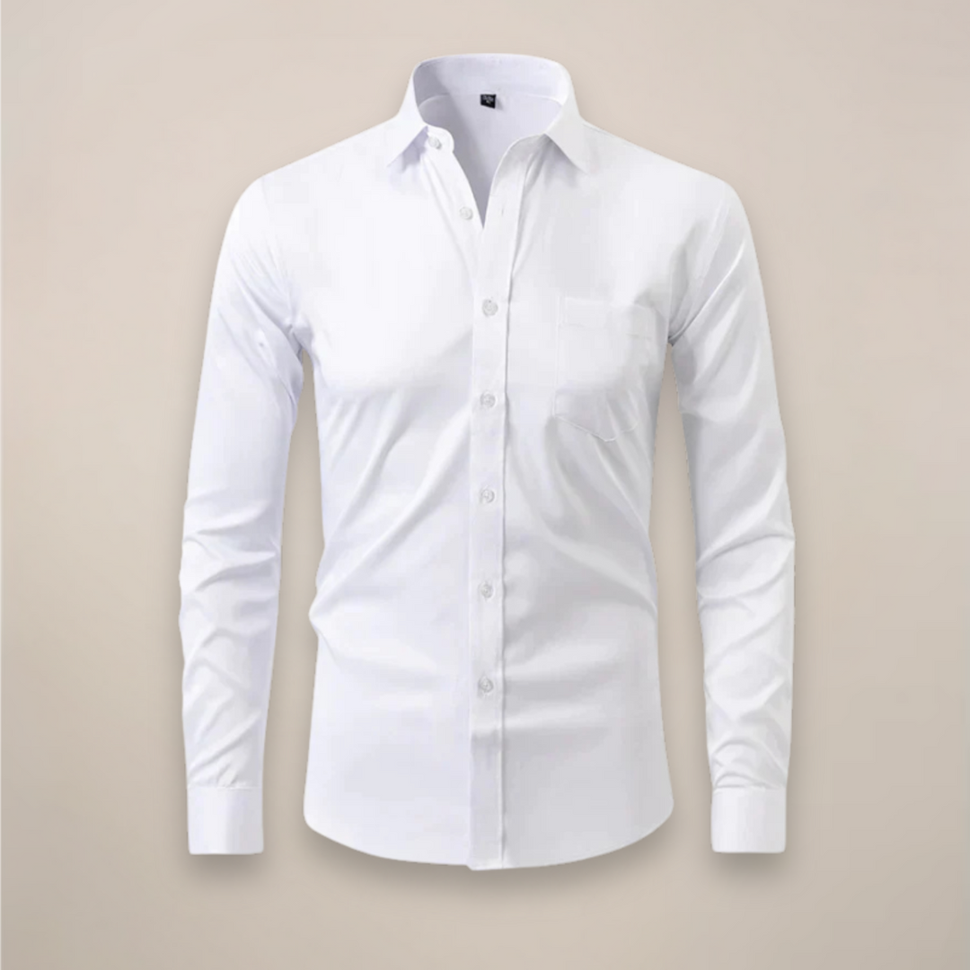 Classic blue structured fit wrinkle-free men's long-sleeve dress shirt for office wear.