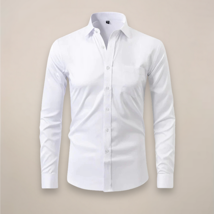 Classic blue structured fit wrinkle-free men's long-sleeve dress shirt for office wear.