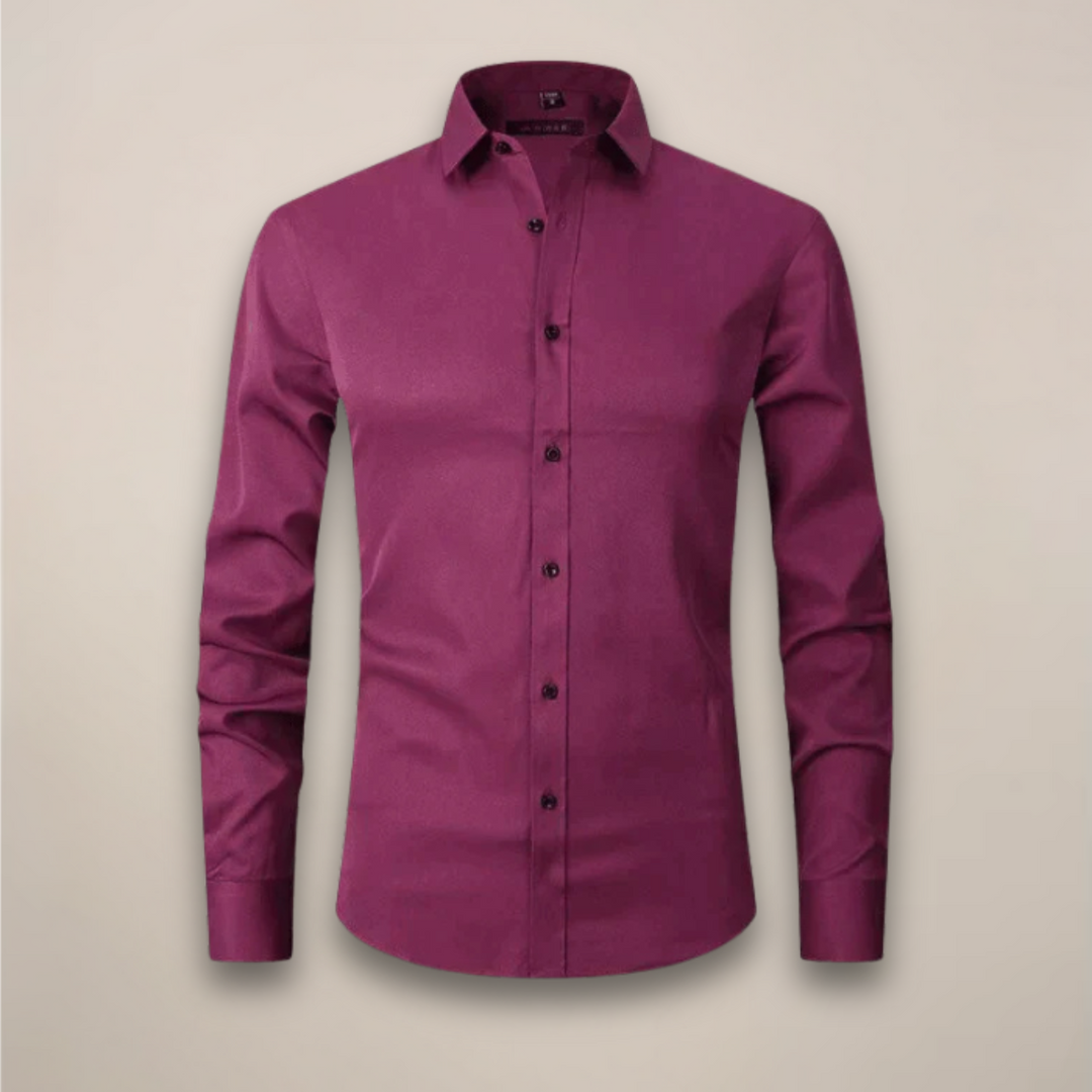 Back view of a crisp blue men's structured fit wrinkle-free long-sleeve dress shirt.