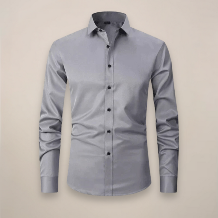 Sophisticated grey wrinkle-free structured fit men's dress shirt for professional attire.