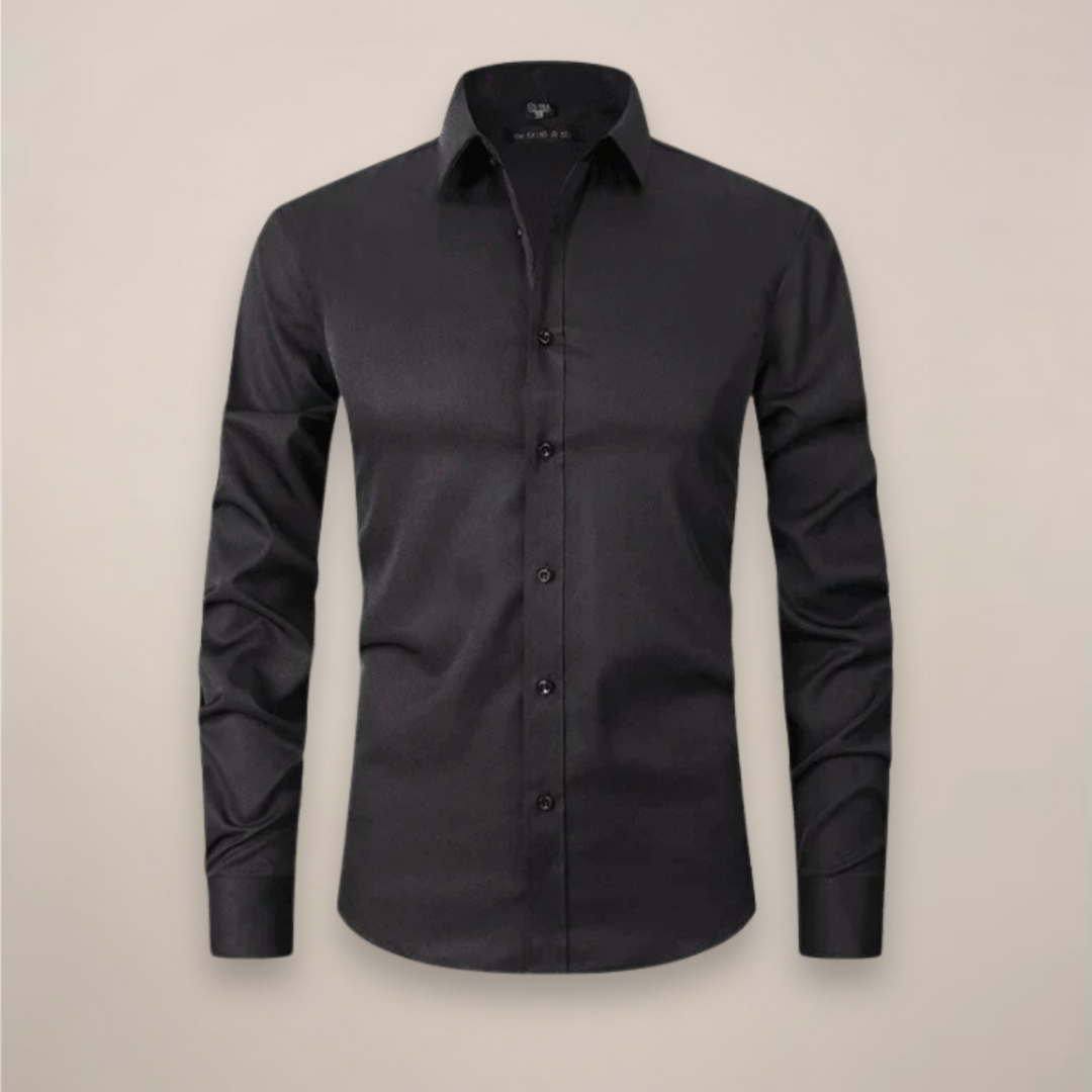 Crisp white structured fit men's long-sleeve dress shirt, wrinkle-free, for formal events.