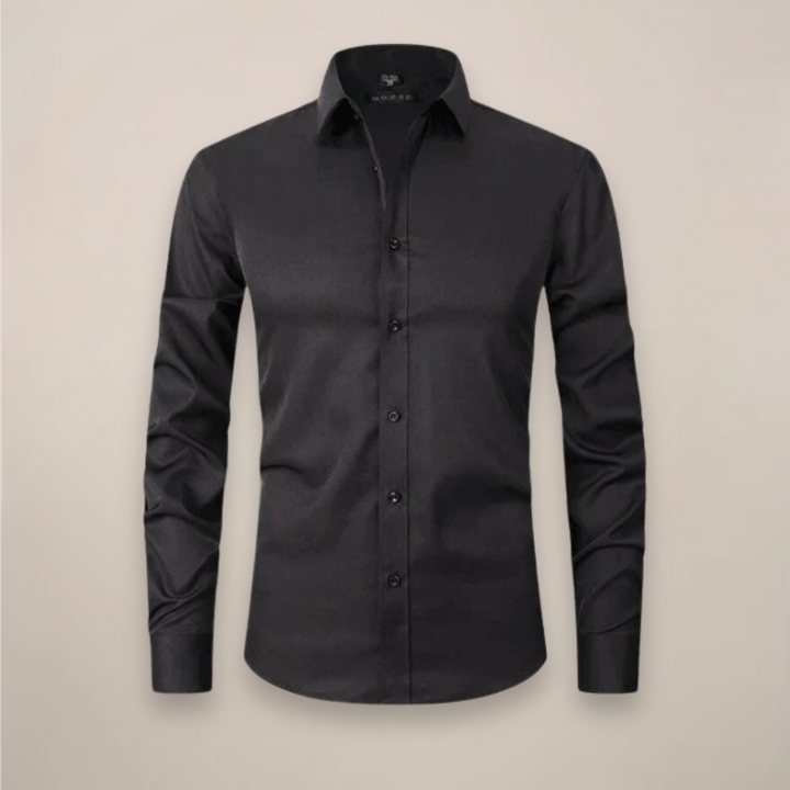 Crisp white structured fit men's long-sleeve dress shirt, wrinkle-free, for formal events.