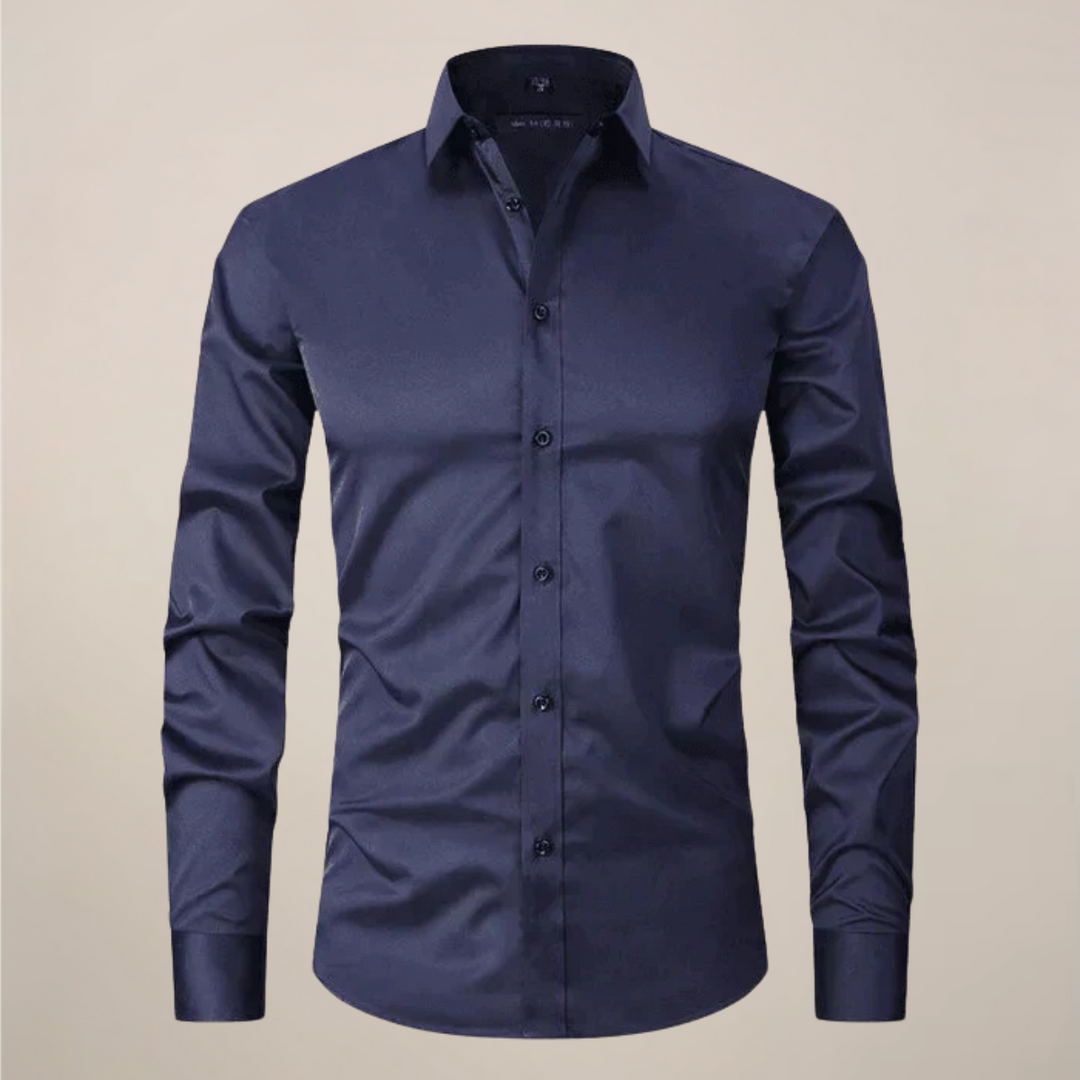 Blue structured fit wrinkle-free men's long-sleeve dress shirt, perfect for business casual.