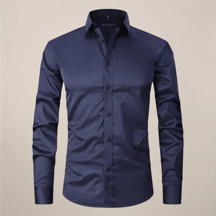 Blue structured fit wrinkle-free men's long-sleeve dress shirt, perfect for business casual.