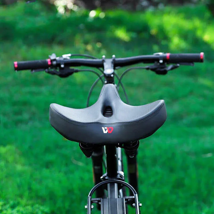 Durable, water-resistant men's bike seat. Wide, comfortable saddle with shock-absorbing properties for all weather cycling.
