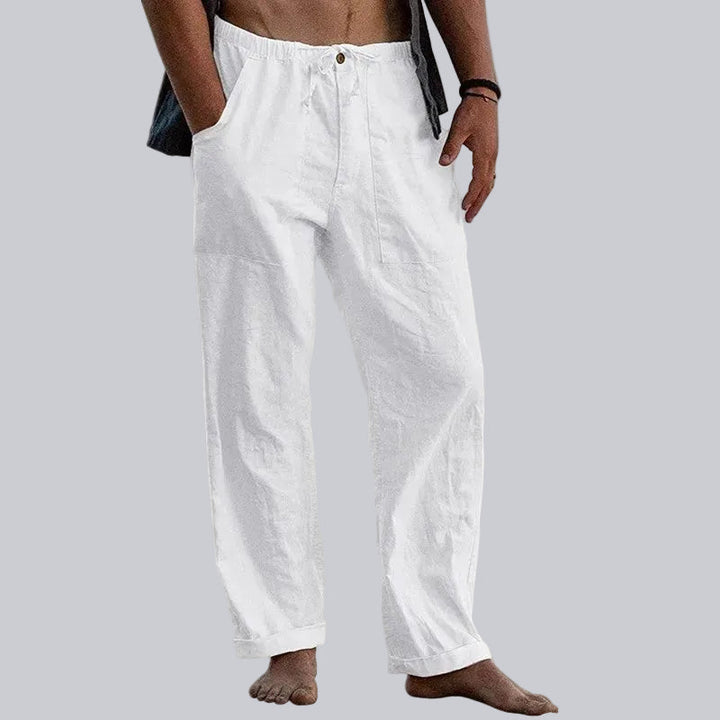 Men's wide leg summer trousers. Relaxed fit, breathable fabric for elegant casual comfort.