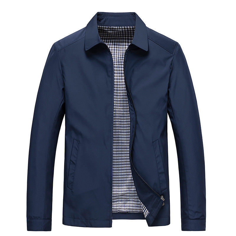 Men's windproof zip-up jacket with stylish checked lining, perfect for casual everyday wear in spring or fall.