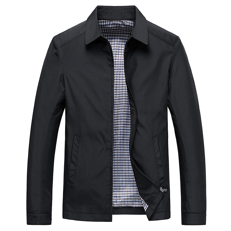 Stylish men's windproof jacket, zip-up design, with unique checked lining. A versatile fashion piece for men.