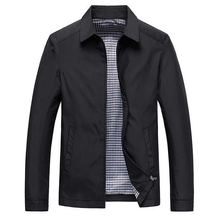 Stylish men's windproof jacket, zip-up design, with unique checked lining. A versatile fashion piece for men.