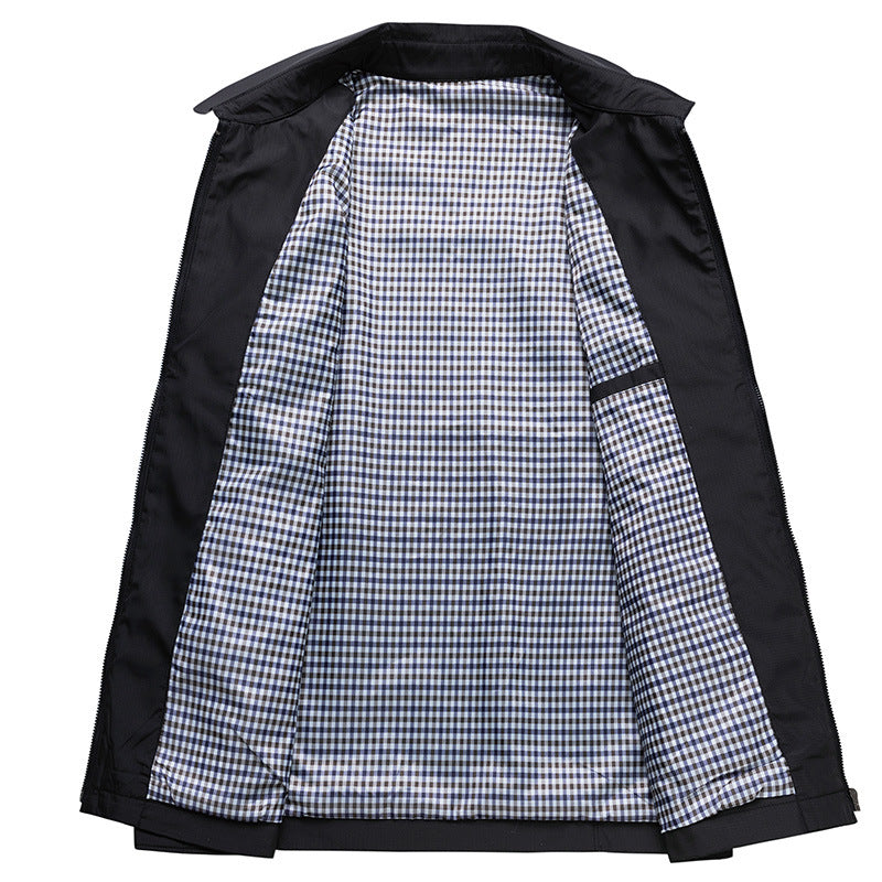 Casual men's zip-up jacket, windproof for spring/fall, featuring a distinctive checked lining and comfortable fit.
