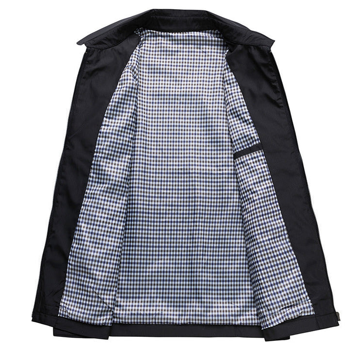 Casual men's zip-up jacket, windproof for spring/fall, featuring a distinctive checked lining and comfortable fit.