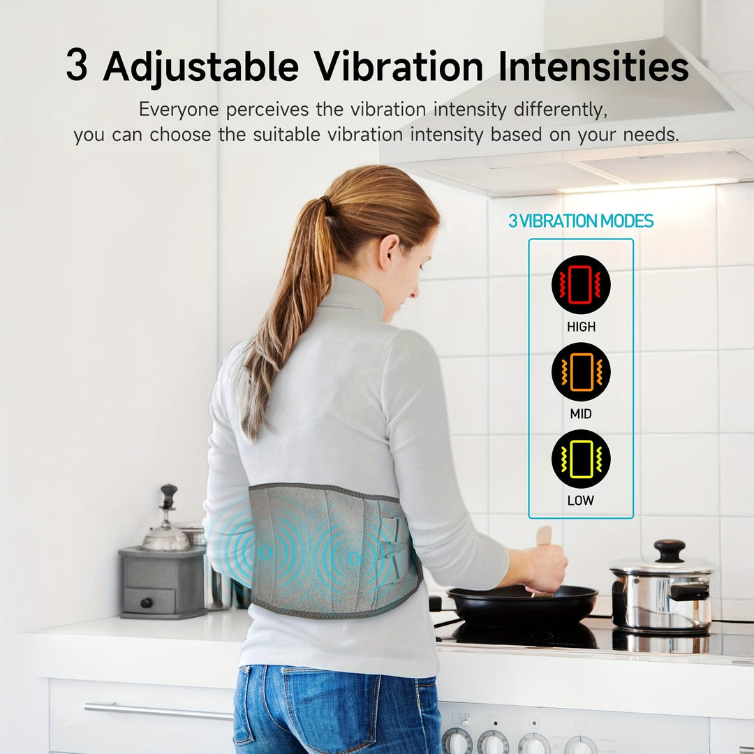 Woman demonstrating the wireless heated massage belt for lower back comfort.