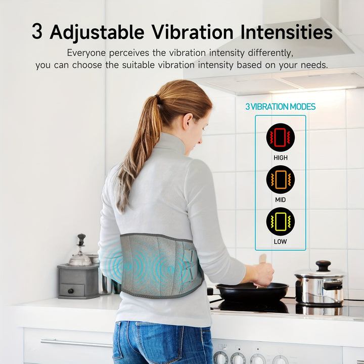 Woman demonstrating the wireless heated massage belt for lower back comfort.