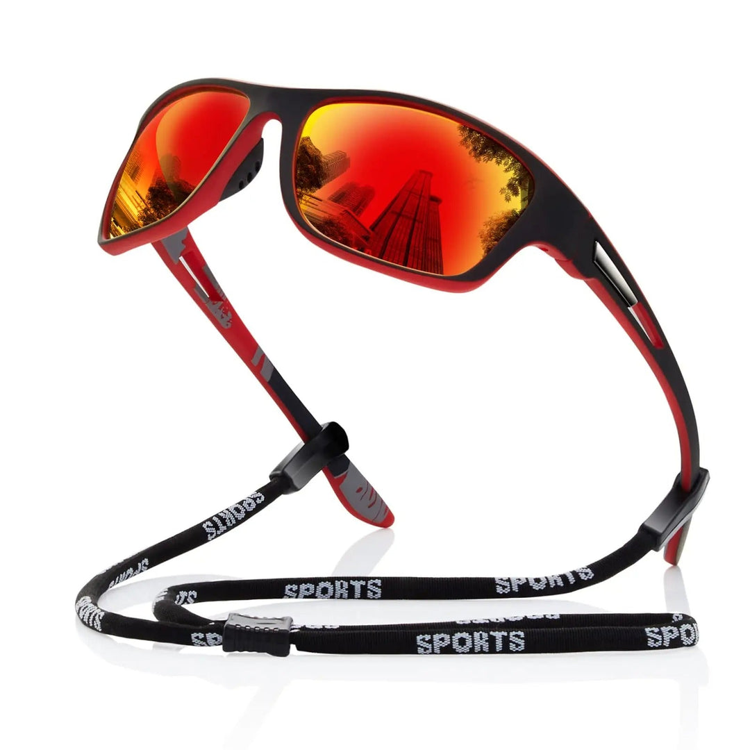 Stylish red, blue, or black polarized sports sunglasses for men and women.