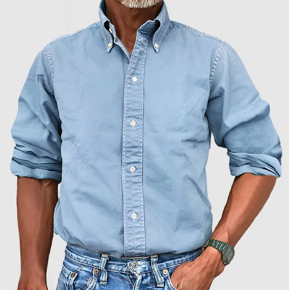 Tailored men's long-sleeve dress shirt. Wrinkle-resistant for a sharp, smart casual or business style.