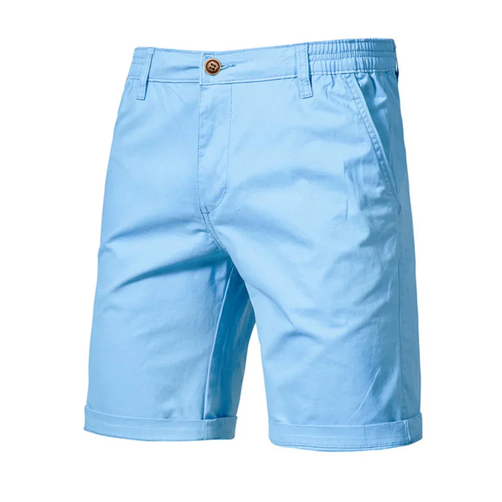 Detail of waistband & button on Wyatt smart casual chino shorts, showcasing quality men's fashion.