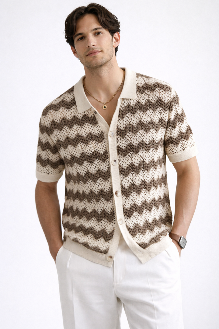 Men's zigzag crochet knit polo shirt with short sleeves and button front closure.