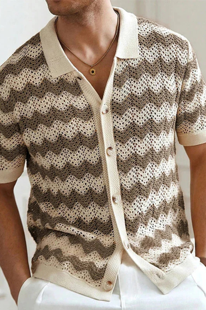 Stylish men's button front polo shirt featuring a bold zigzag knit design.