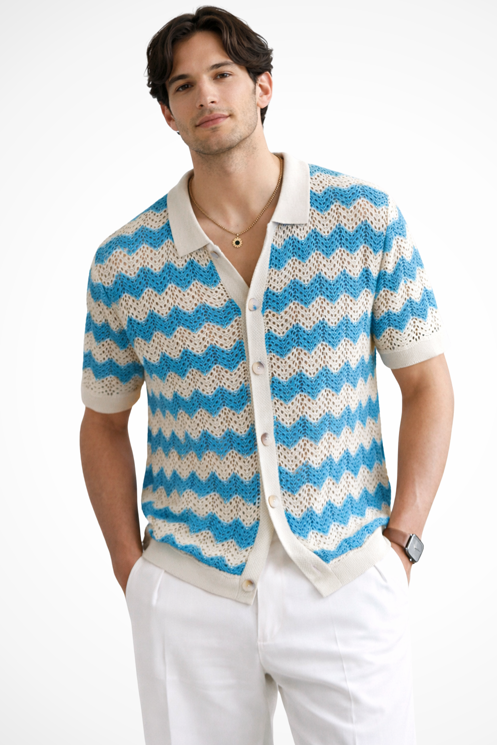 Casual summer fashion: Men's short sleeve crochet polo with unique zigzag texture.