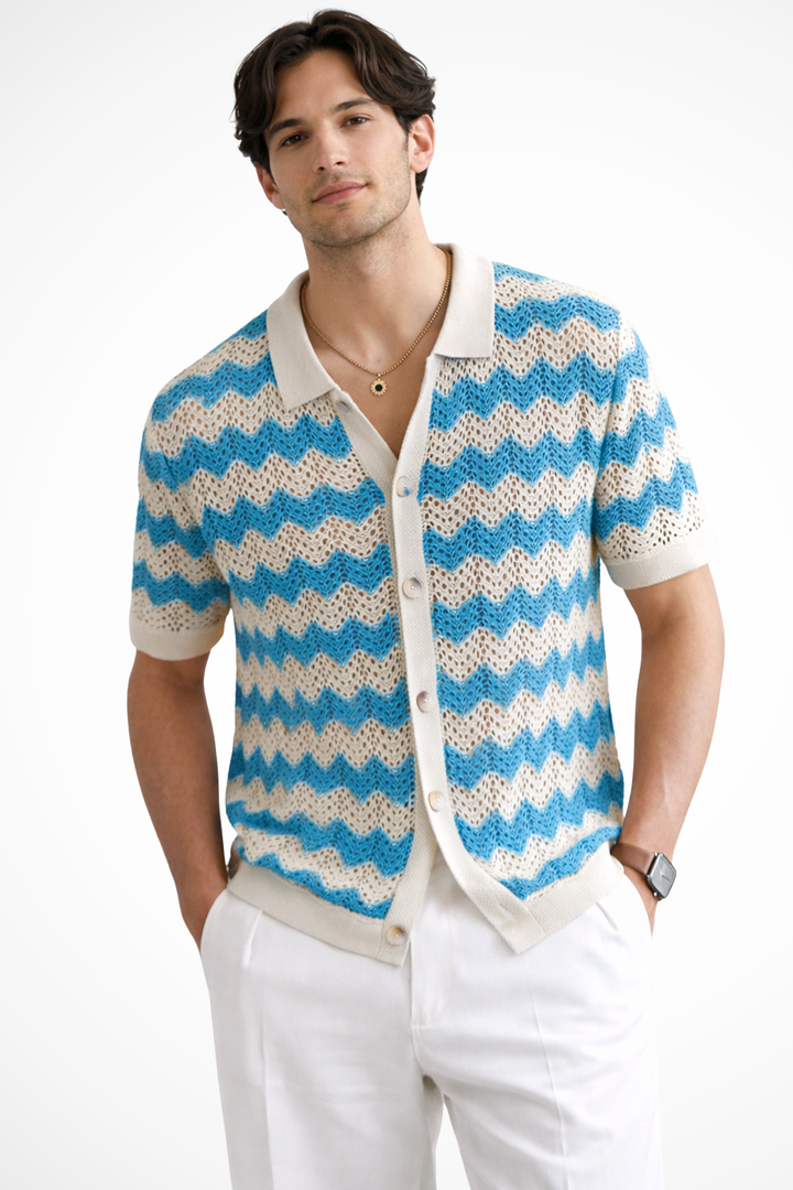 Casual summer fashion: Men's short sleeve crochet polo with unique zigzag texture.