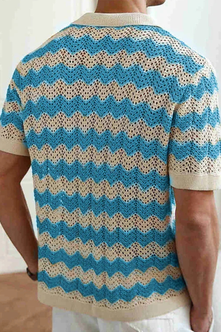 Menswear statement piece: A vibrant zigzag crochet knit polo shirt for everyday wear.
