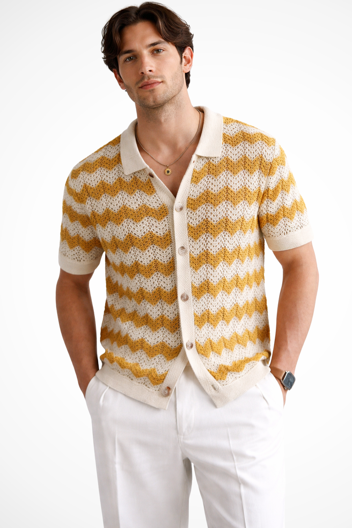 Handcrafted feel: Men's zigzag crochet polo, perfect for a trendy casual look.