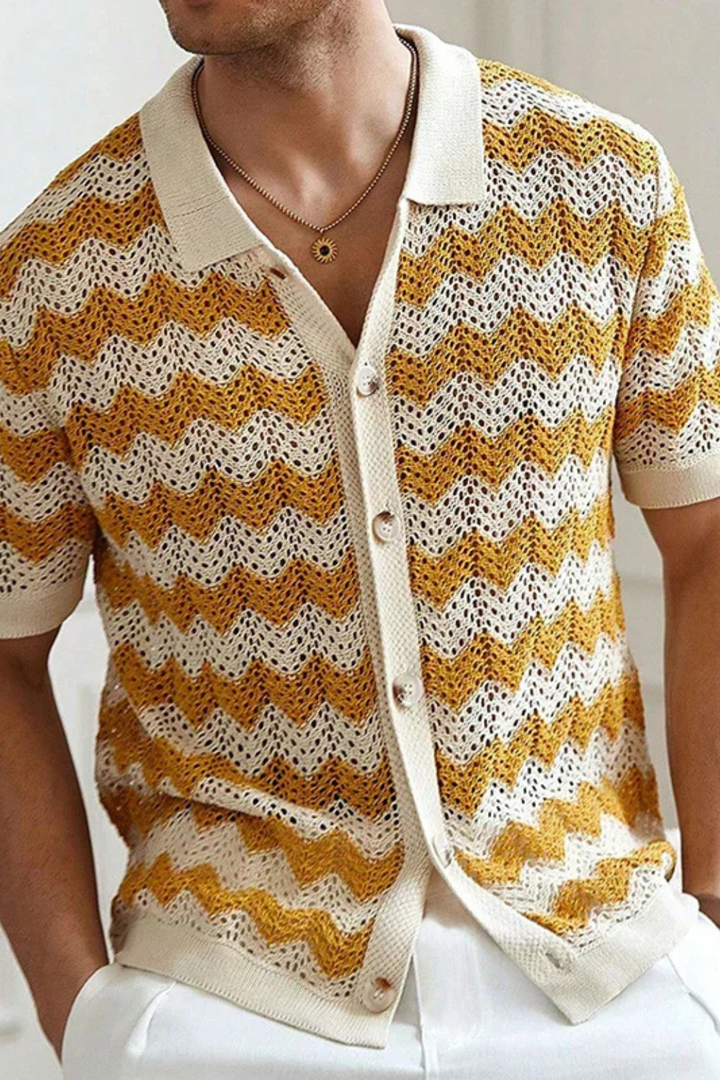 Modern menswear: Men's short sleeve button front polo in a striking zigzag crochet knit.