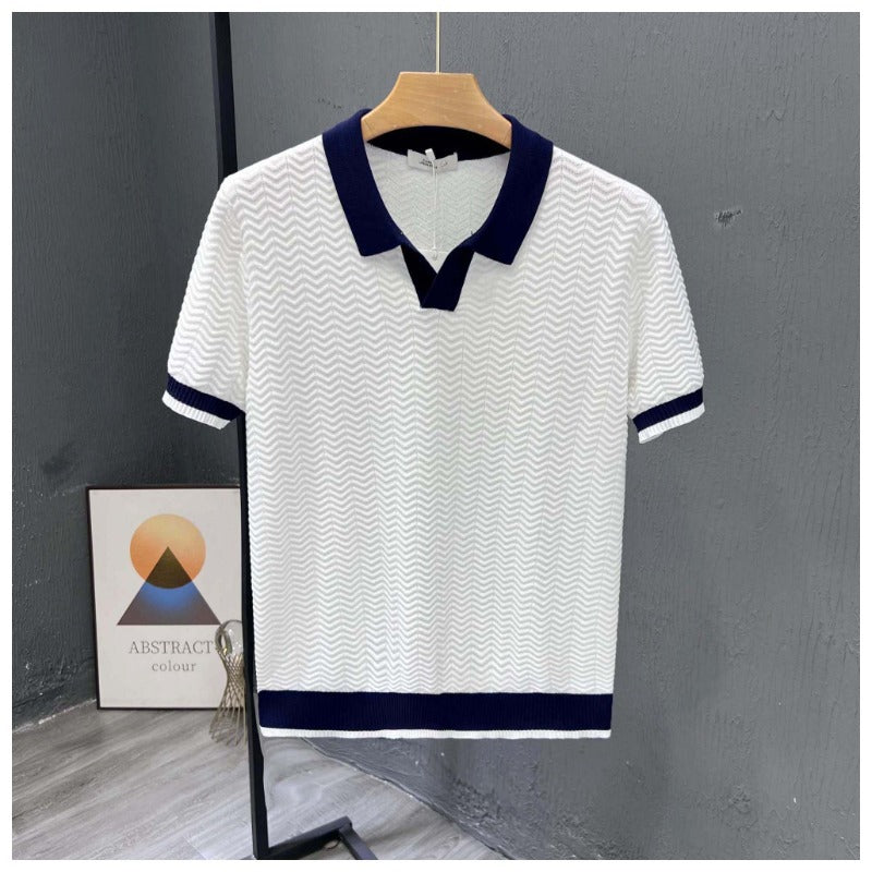 Men's zigzag knit short sleeve polo with contrast collar, ideal for casual spring & summer style.
