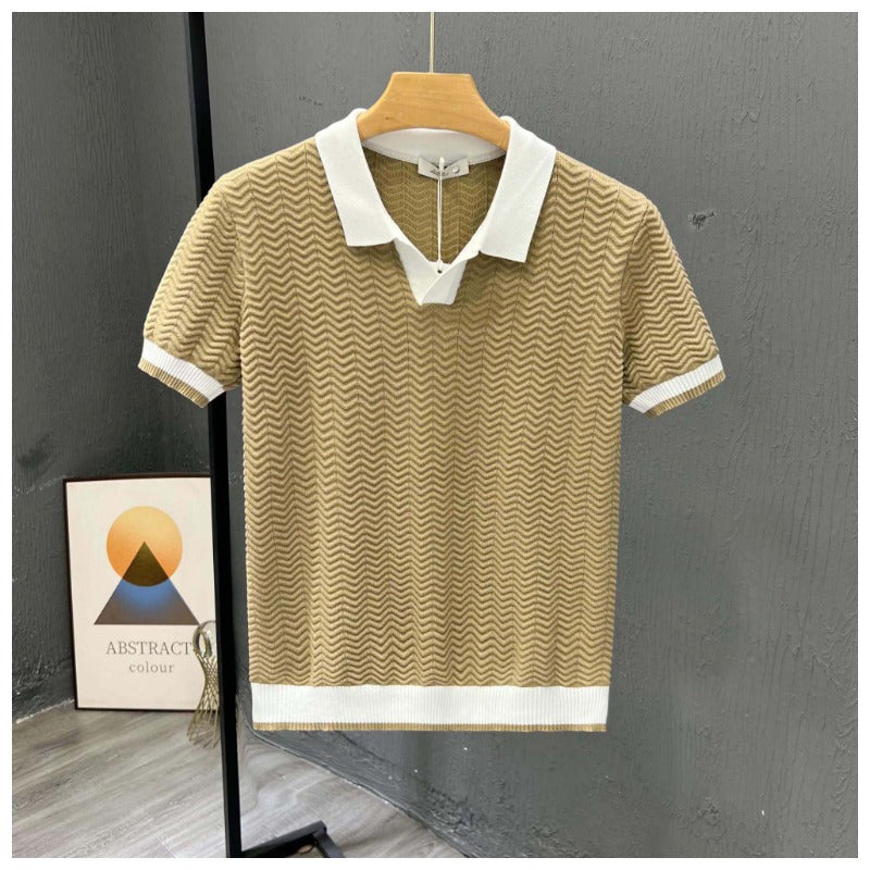 Textured men's knit polo shirt featuring a distinctive zigzag pattern & stylish contrast collar.