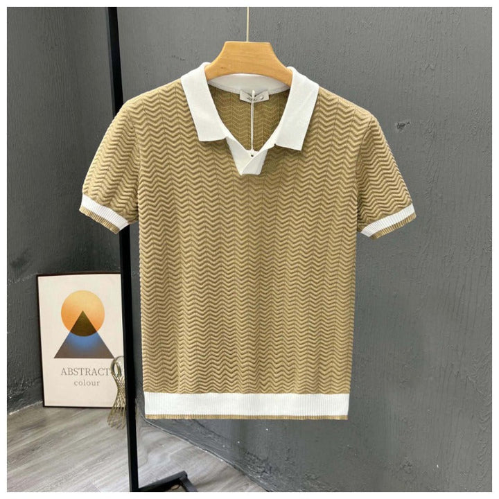 Textured men's knit polo shirt featuring a distinctive zigzag pattern & stylish contrast collar.