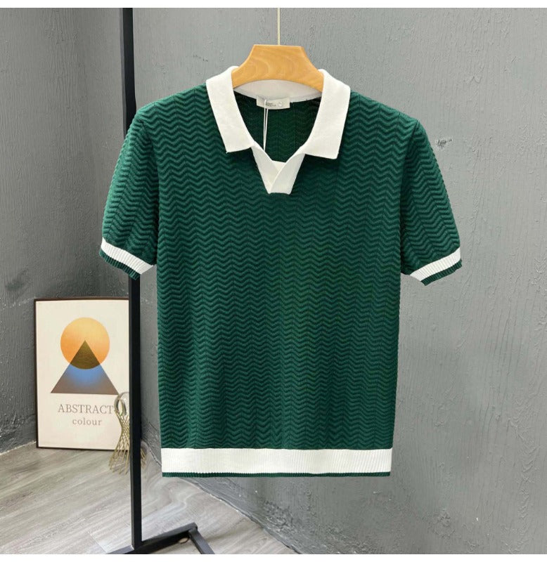 Stylish men's short sleeve knit polo, perfect for casual wear, with a unique zigzag design & contrast collar.