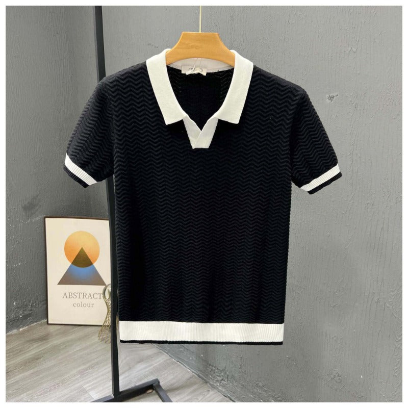 Men's short sleeve knit polo shirt, featuring a bold zigzag pattern & a sharp contrast collar.