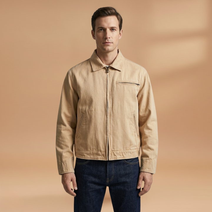 Stylish men's bomber jacket featuring a full zip closure and chest pocket.