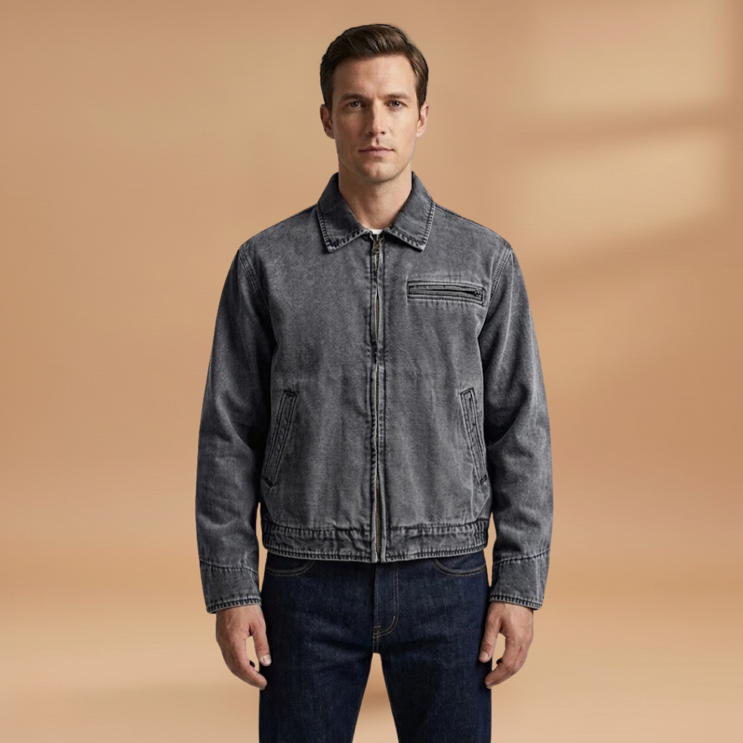 Trendy men's bomber jacket with zip closure and signature chest pocket.