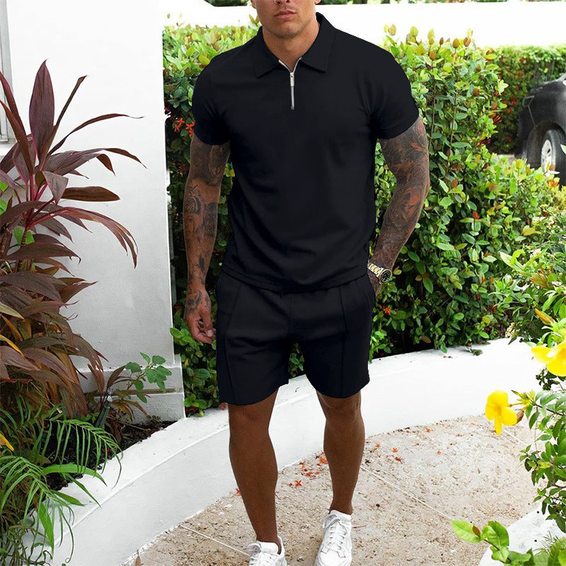 Men's zip polo shirt and casual shorts set for a stylish summer outfit.