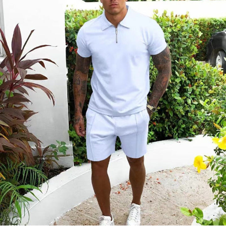 Comfortable two-piece set for men featuring a zip polo and activewear shorts.