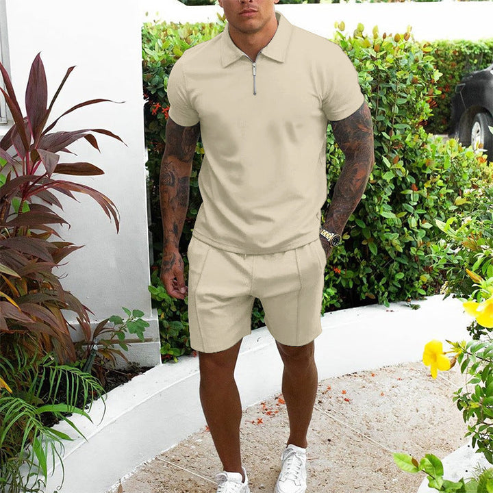 Stylish men's loungewear set with a modern zip polo and relaxed shorts.