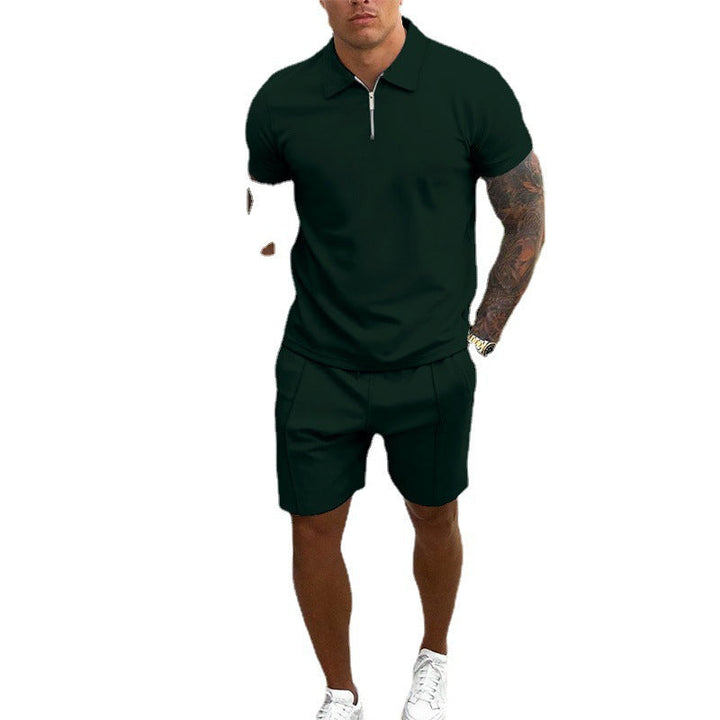 Men's activewear set: short-sleeve zip polo and matching casual shorts.