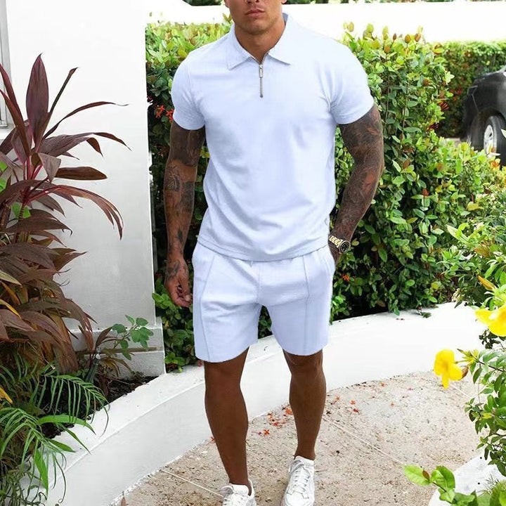 Summer style for men: zip polo shirt and comfortable shorts set.