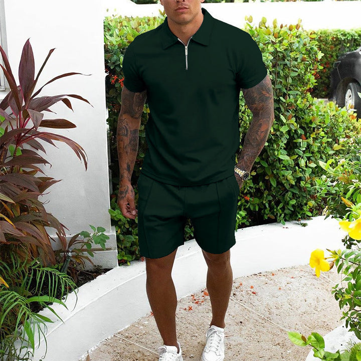 Fashionable men's two-piece set: zip neck polo and laid-back shorts.