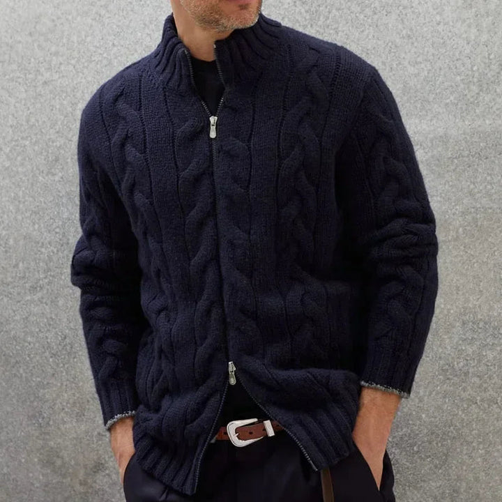 Men's zip-up cable knit sweater in classic grey, perfect for stylish warmth in fall & winter.