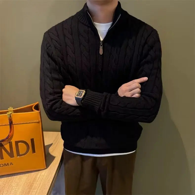 Premium men's cable knit sweater with full zipper, showcasing intricate woven pattern and warmth.
