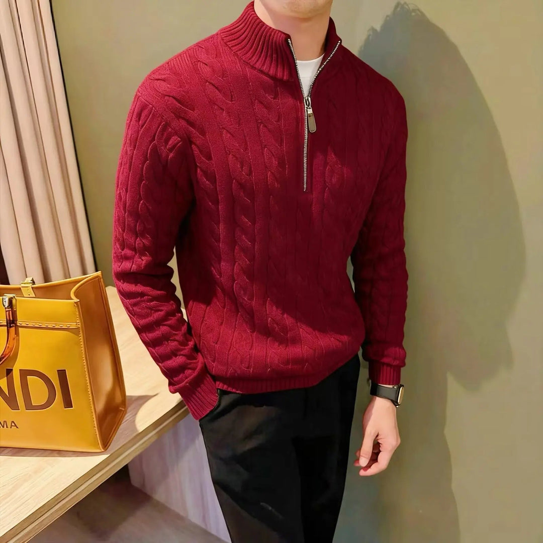 Versatile men's zip-up cable knit sweater, a stylish cardigan alternative for smart casual outerwear.